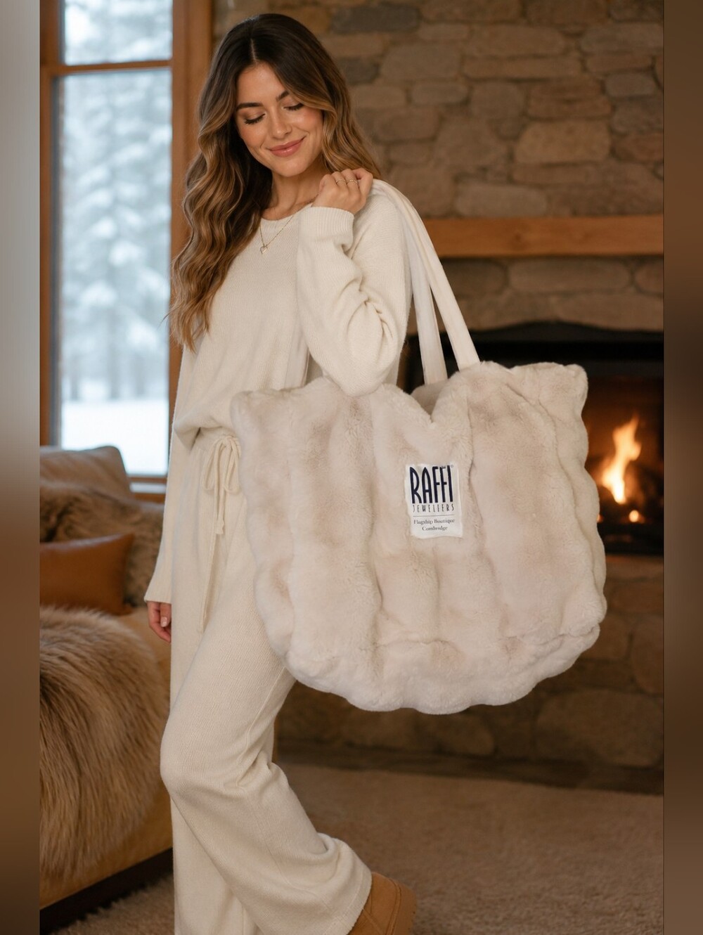 RAFFI Jewellers Plush Faux Fur Oversized Tote Bag | Cream Winter Weekend Getaway
